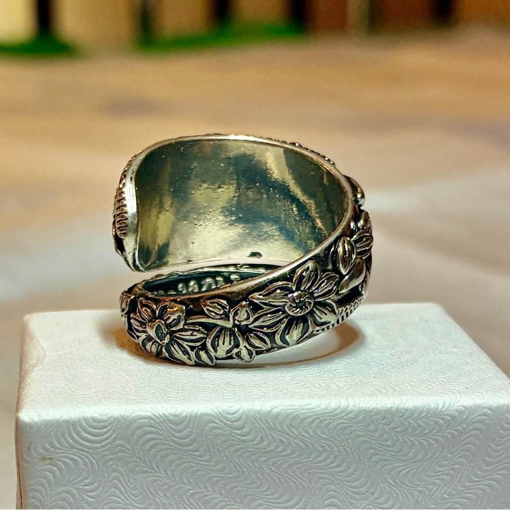 Floral Engraved Spoon Ring - Women's Statement Band in 9.25 Sterling Silver - Picture 13 of 15